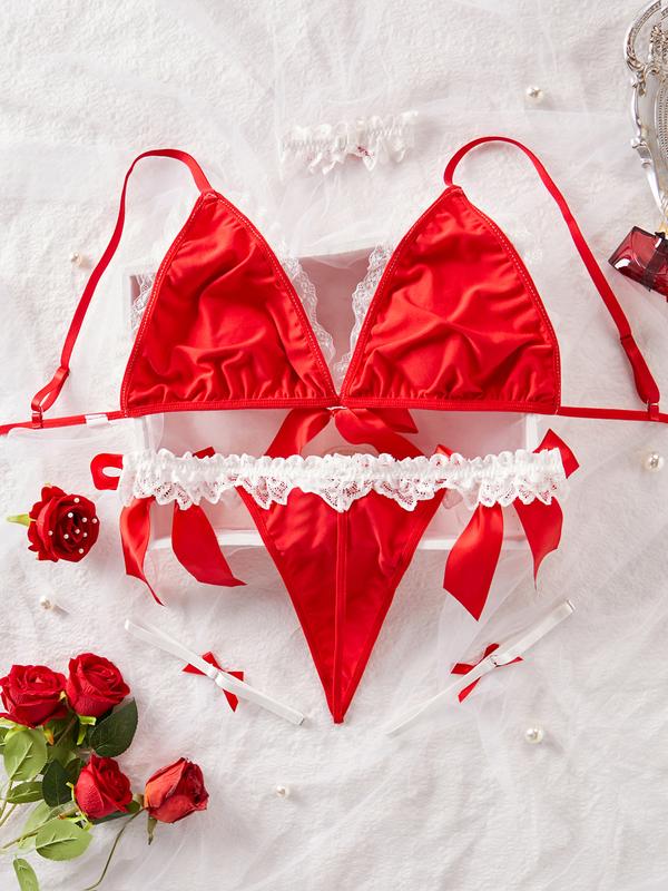 Women's Red and White Pajamas Two-piece Set, Lace Bow Decoration, V-neck Bra, Briefs, Including Lace Neck Ring, Leg Ring, Halloween, Christmas