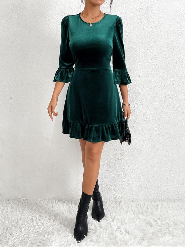 Women's Velvet Flounce Sleeve Dress, Elegant Round Neck Short Dress for Party Holiday Wedding Guest, Ladies Fall Clothes