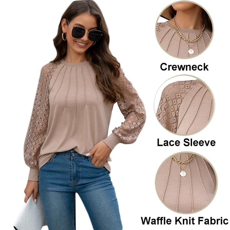 Women's Contrast Lace Long Sleeve Half Button Knit Top, Casual Round Neck Knitwear for Spring & Fall, Chic Knitting Tops, Women's Knit Clothing for Daily Wear Womenswear Underwear