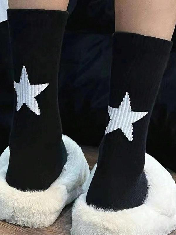 Women's 2 Pairs Black & White Star Print Crew Socks, Fashion Casual Breathable Comfort Mid-Calf Socks for Daily Outdoor Wear, Lady Socks for All Seasons, Womenswear