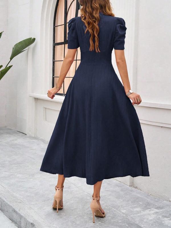 Women's Plain Ruched Puff Sleeve V Neck A Line Dress, Elegant Short Sleeve Zipper Back Long Dress for Party Holiday Wedding Guest, Ladies Clothes for Summer