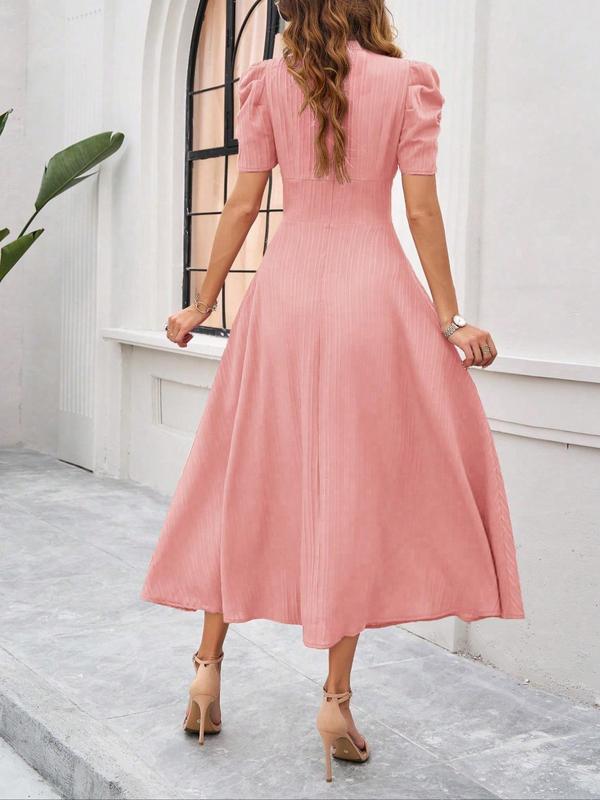 Women's Plain Ruched Puff Sleeve V Neck A Line Dress, Elegant Short Sleeve Zipper Back Long Dress for Party Holiday Wedding Guest, Ladies Clothes for Summer