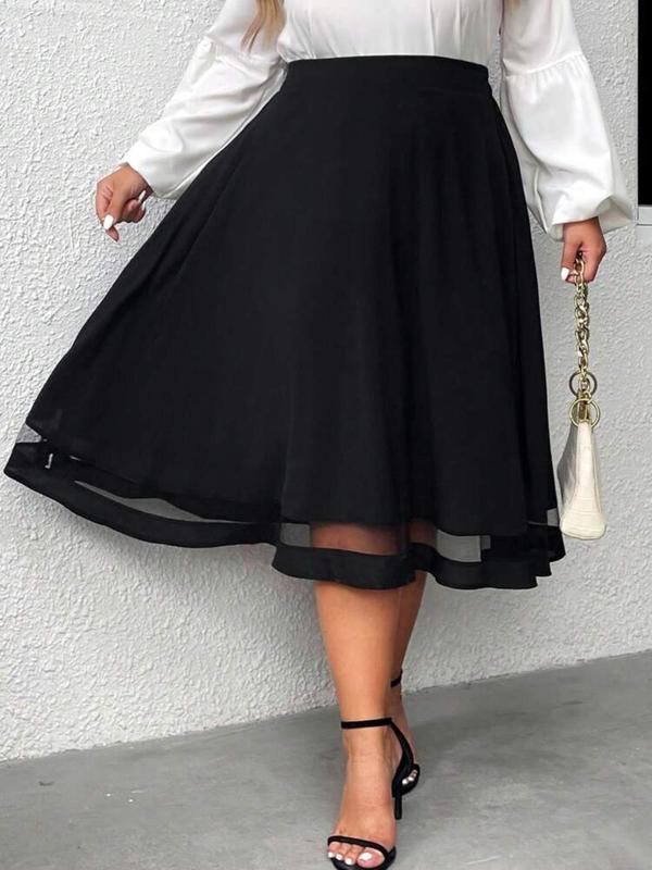 Plus Size Contrast Mesh Flared Skirt, Casual Elastic Waist Midi Skirt for Summer, Women's Bottoms for Daily Wear