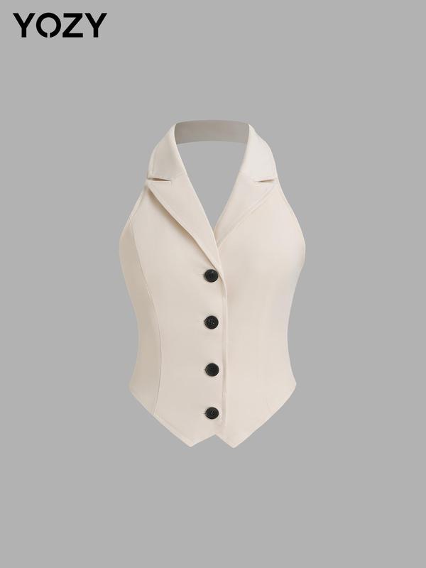 YOZY [size 4-14] V Neck Woven Halter Button Front Blazer Vest  Lapel Neckline Shirred Waistcoat, 2024 Women's Work Wear for All Seasons, [S-XXL]