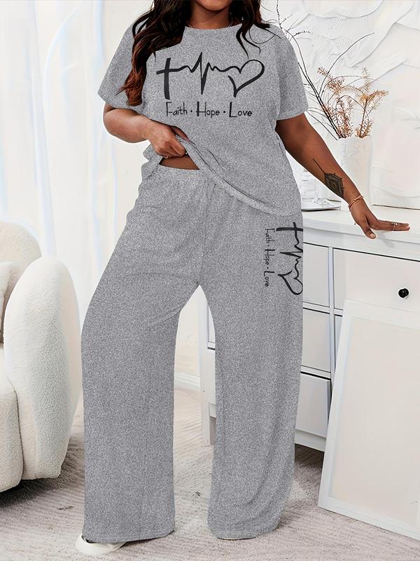  Two-piece Set Letter Print Tee & Pants, Casual Round Neck Short Sleeve T-shirt & Trousers, Women's Summer Clothes for Daily Wear