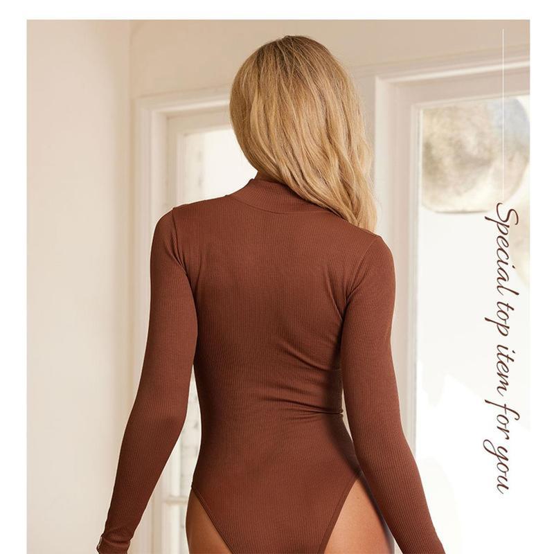 Women's Bodysuits Sexy Ribbed One Piece Zip Front Long Sleeve Tops Bodysuits 2 Piece