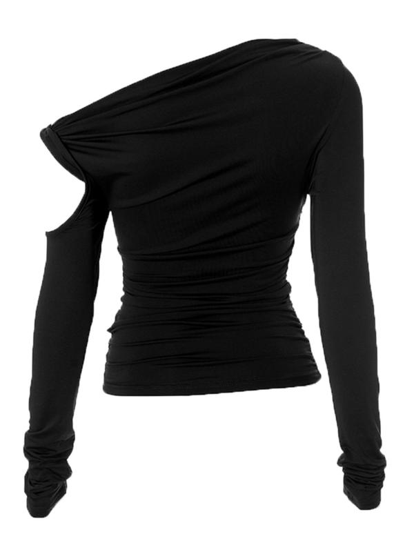 Women's Plain Ruched Asymmetrical Neck Tee, Casual Long Sleeve T-Shirt for Spring & Fall, Women's Clothing for Daily Wear