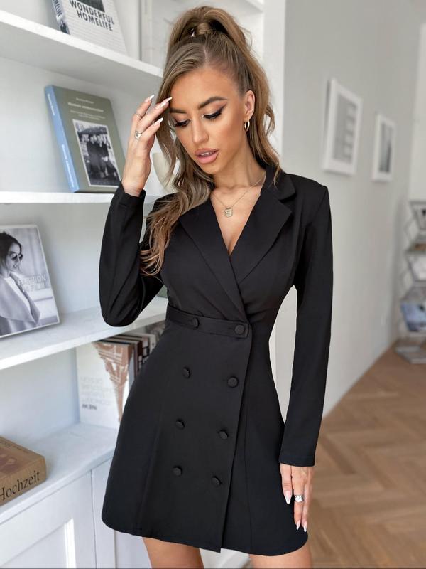 Women's Solid Lapel Neck Button Front Blazer Dress, Elegant Solid Long Sleeve Dress for Work Office Business, Dresses for Women,  Ladies' Spring & Fall Clothes