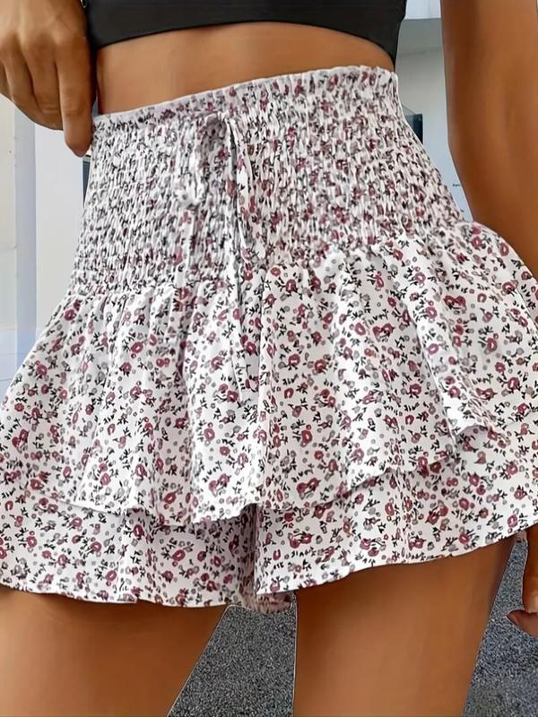 Women's Floral Print Frill Trim Shirred Tiered Layer Shorts, Designer Clothing, Casual High Waist Tie Front Wide Leg Shorts for Spring & Fall, Women's Bottoms for Daily Wear