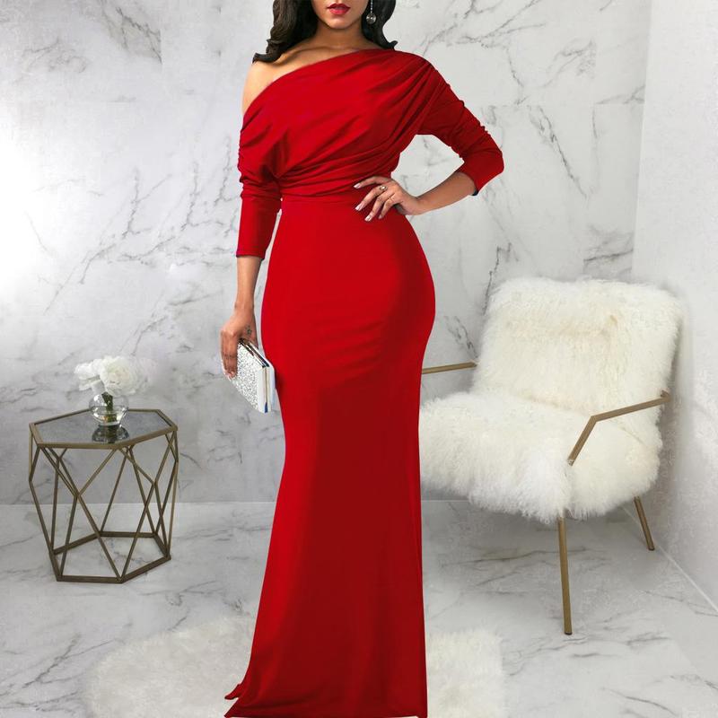 Elegant Off-Shoulder Evening Gown - Available in Black, White, Red, Blue, Wine Red, and Purple | Long Sleeve and Short Sleeve Options Comfort Formal