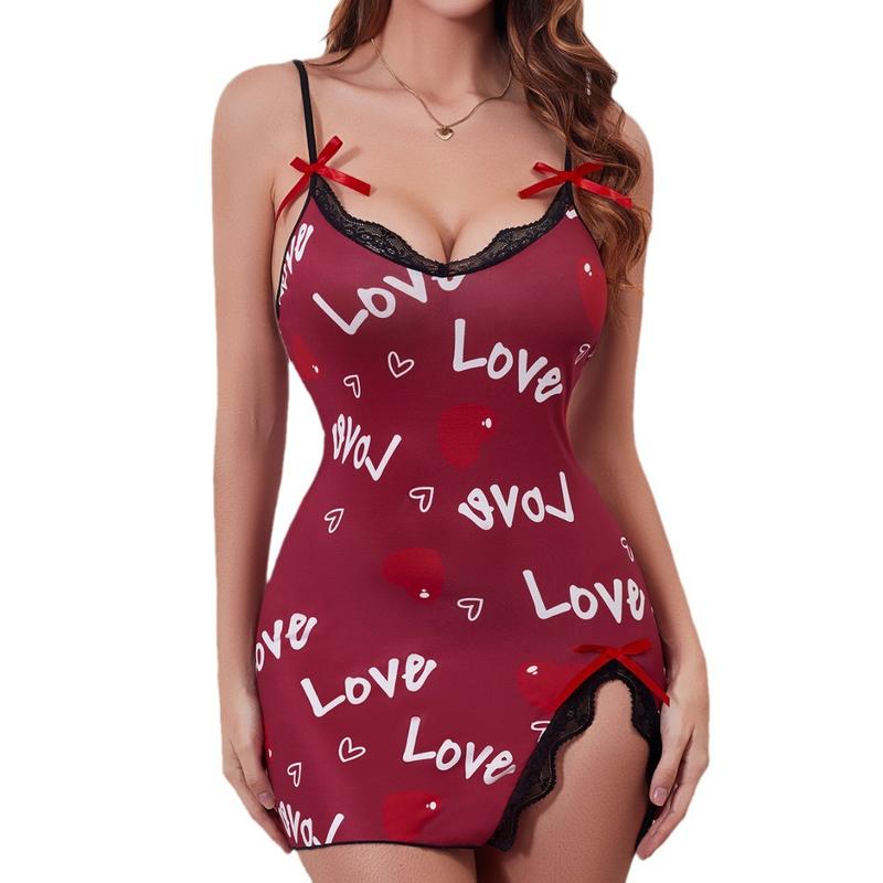 Chic Heart Print Bow Split Strapless Nightgown for Women long sleeve lapel comfort sleep sleep dress night gown Women's Lace Sheer Lace Split Thigh Nightdress Lace Adjustable Chemise Sleepwear Sexy V-Neck Lace-Up Nightdress lacetrim  sleep