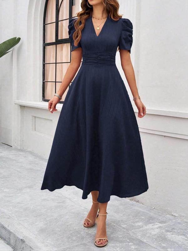 Women's Plain Ruched Puff Sleeve V Neck A Line Dress, Elegant Short Sleeve Zipper Back Long Dress for Party Holiday Wedding Guest, Ladies Clothes for Summer