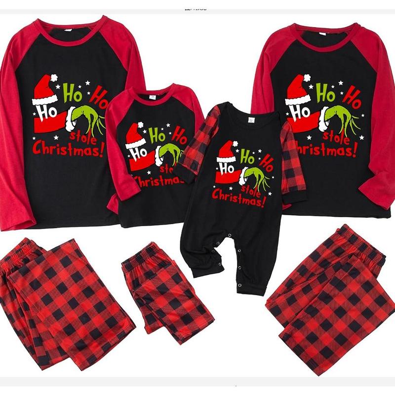 Family Matching Christmas Pajamas Set Letter Print Tops and Red Plaid Pants XMAS Sleepwear Jammies Set