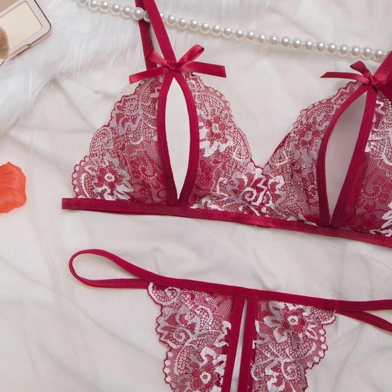 Women's 2pcs Bow Decor Sheer Floral Lace Lingerie Set, Elegant Adjustable Strap Bra & Crotchless Thong Underwear Set, Soft Comfy Sexy Lingerie  Comfortable Medium Original Warmer Spaghetti Strap Floral Lace Women's Silk romantic underwear floral lace