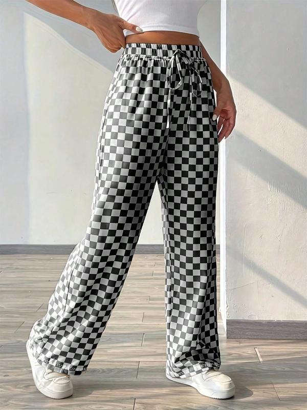 Women's Plaid Print Drawstring Waist Straight Leg Pants, Casual Pocket Trousers for Daily Wear, Ladies Bottoms for All Seasons