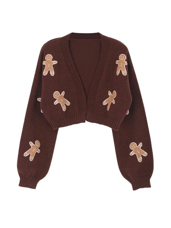 Women's Colorblock & Gingerbread Man Embroidery Drop Shoulder Cable Knit Cardigan, Casual Long Sleeve Open Front Knitwear for Fall & Winter, Fashion Women's Knit Clothing for Daily Wear