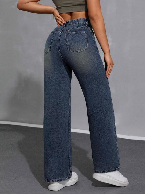 Womenswear Plain Pocket Straight Leg Jeans, Basic Minimalist Button Fly Denim Trousers for Streetwear, Baggy Jeans, Ladies Bottoms for All Seasons