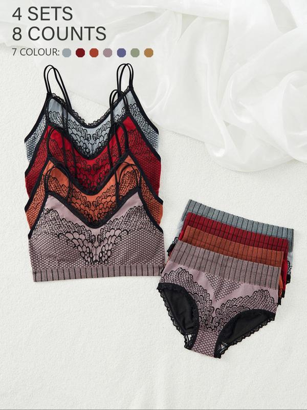 Women's Geometric Print Contrast Lace Wireless Bra & High Waist Panties Underwear Set, Casual Comfy Breathable Lingerie Set for Daily Wear, Underwear Set for Women