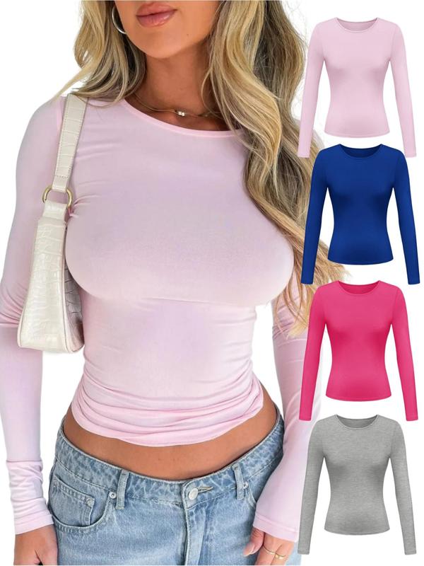 Women's Solid Color Simple Minimalist Long Sleeve Round Neck Tee, Casual Crew Neck T-Shirt for Spring & Fall, Back-to-School Clothing, Fashion Women's Top for Daily Wear, Fall Outfits, Fallfreshness, Downtown Girl Clothes, Going out Tops 2000s