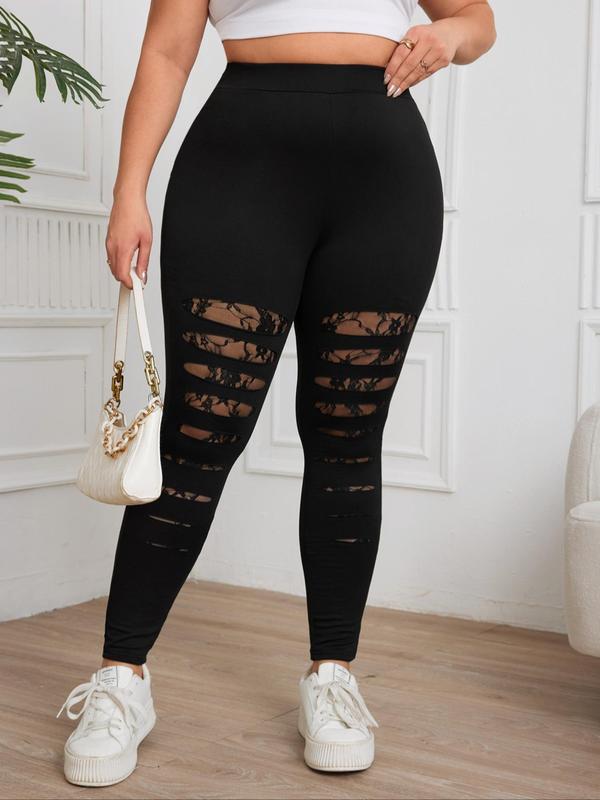  Lace Patchwork Sheer Leggings, Casual High Waist Skinny Pants for Daily Wear, Leggings for Women, Women's Bottoms for Fall Downtown Girl Clothes