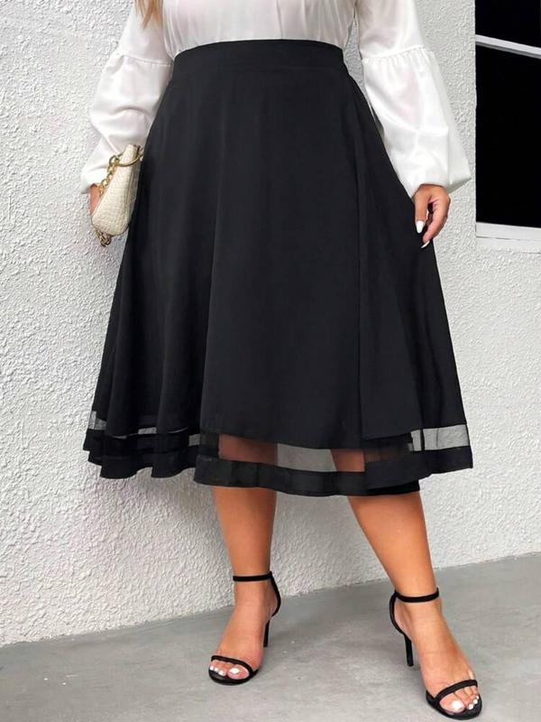 Plus Size Contrast Mesh Flared Skirt, Casual Elastic Waist Midi Skirt for Summer, Women's Bottoms for Daily Wear