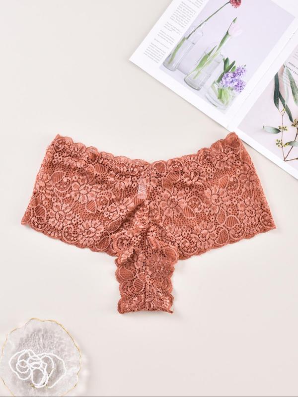  Solid Color Floral Lace Thong, Soft Comfy Breathable High Waist Knicker for Daily Wear, Women's Underwear for All Seasons