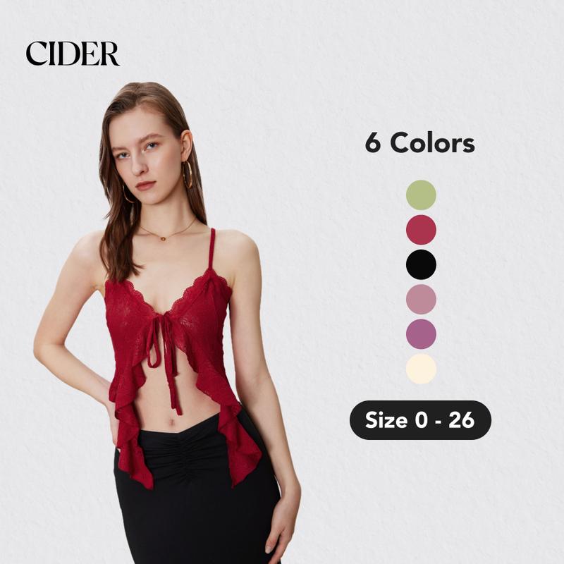 Cider [6 colors, size 0-24] French Riviera Vacation Lace Ruffle Hem Knotted Knit Crop Top, Basic  Comfort Womenswear, Summer Cute Sexy Top