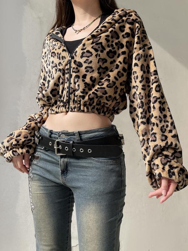 Women's All Over Leopard Print Zip Up Crop Fuzzy Jacket, Casual Long Sleeve Zip Front Outerwear for Fall & Winter,  Winter Clothes Women, Women's Clothes for Daily Wear