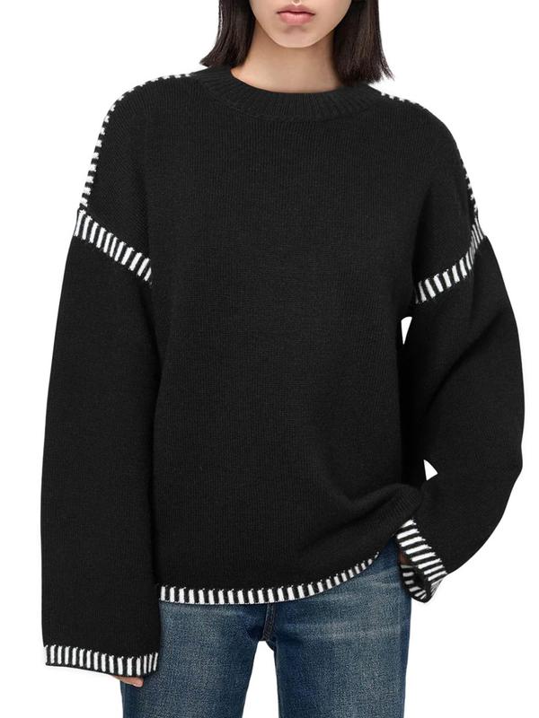 Women's Contrast Binding Drop Shoulder Sweater, Casual Long Sleeve Round Neck Jumper for Fall & Winter, Fashion Ladies' Knitwear for Daily Wear