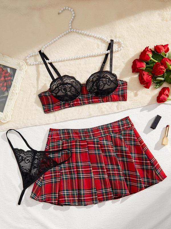 Women's Christmas Plaid Print Contrast Lace Sheer Sexy Lingerie Three-Piece Set, Adjustable Strap Bra & Pleated Mini Skirt & Thong Set, Lingerie Set for Women