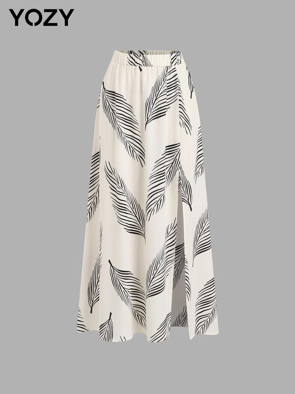 YOZY Boho Leaf Print Split Hem Skirt  Casual High Elastic Waist A Line Midi Skirt, 2024 Women's Summer Outfits for Beach Holiday Vacation