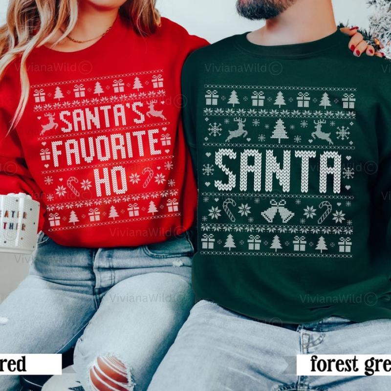 Couples Ugly Christmas Sweater, Santas Favorite Ho, Couple Funny Matching Ugly Christmas Sweatshirt, Ugly Sweater Holiday Party Outfit Xmas