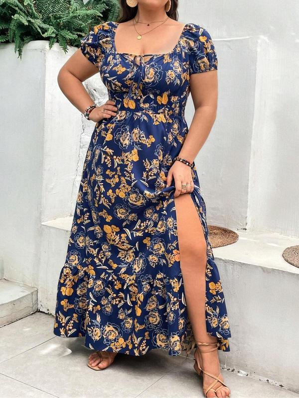  Floral Print Split Thigh Tie Front Vintage Dress, Boho Puff Sleeve Square Neck A Line Dress for Summer, Women's Clothes for Beach Holiday Vacation, Plus Size Fall Clothing