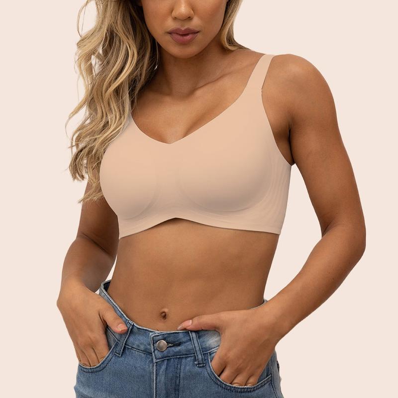 Asfairy V-Neck Full Cup Seamless Everyday Bra,Comfort Lightly Wireless Bra for Women Womenswear Underwear