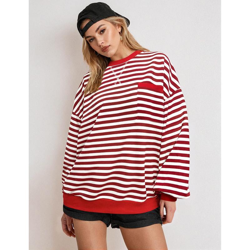 Christmas Womens Oversized Striped Sweatshirt Crewneck Loose Pullover Longsleeve Casual Tops Cute Womenswear Pocket Comfort Baggy Style