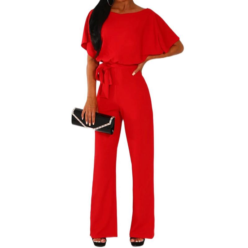 Women Jumpsuit, Elegant Short Sleeve Hollowed Waist Tie Solid Summer Wide Leg Pants Womenswear Belt Light Overalls