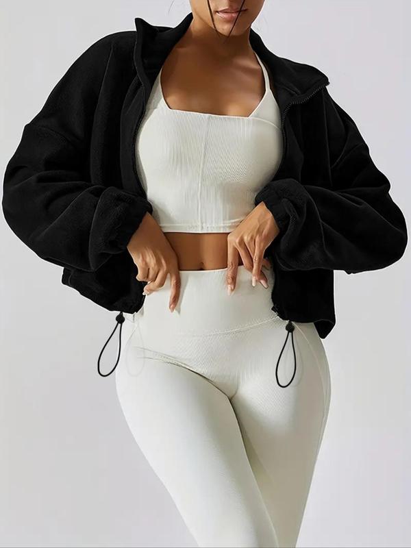 Women's Solid Drawstring Zip Up Crop Hooded Jacket, Casual Long Sleeve Mock Neck Fuzzy Outerwear for Spring & Fall, Ladies Clothes for Daily Wear