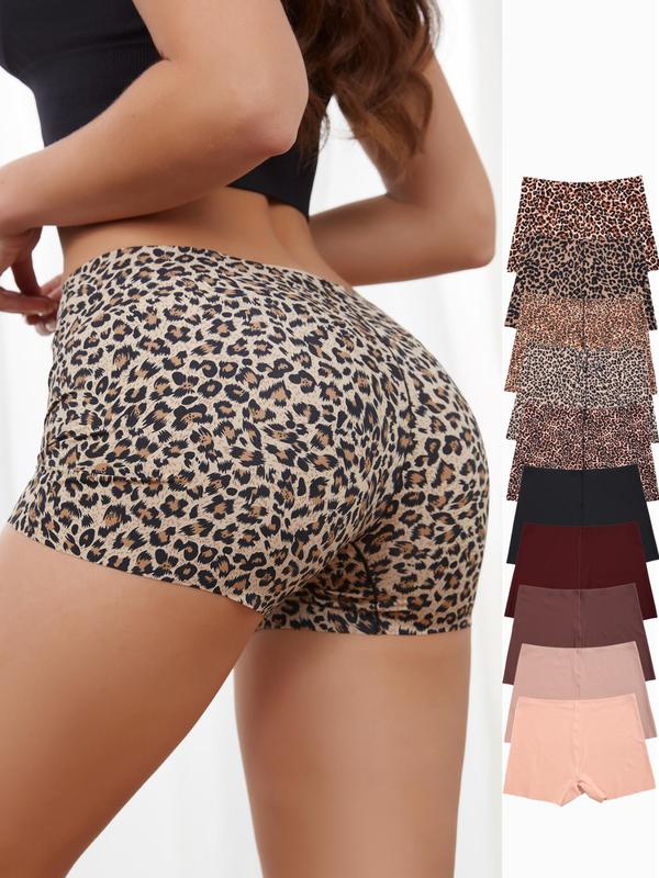 Women's Leopard Print Seamless Boyshorts, Casual Solid Color Natural Waist Panties for Women, Comfy Breathable Underwear for Women, Panties for Women, Summer Wear 2024