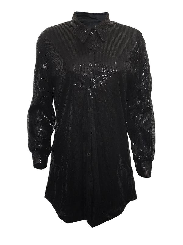 Plus Size Glitter Sequin Drop Shoulder Shirt Dress, Elegant Long Sleeve Button Front Dress for Spring & Fall, Dresses for Women, Women's Clothes for Party Holiday Vacation