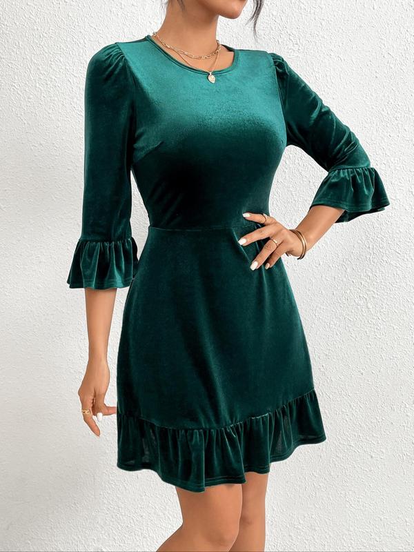 Women's Velvet Flounce Sleeve Dress, Elegant Round Neck Short Dress for Party Holiday Wedding Guest, Ladies Fall Clothes