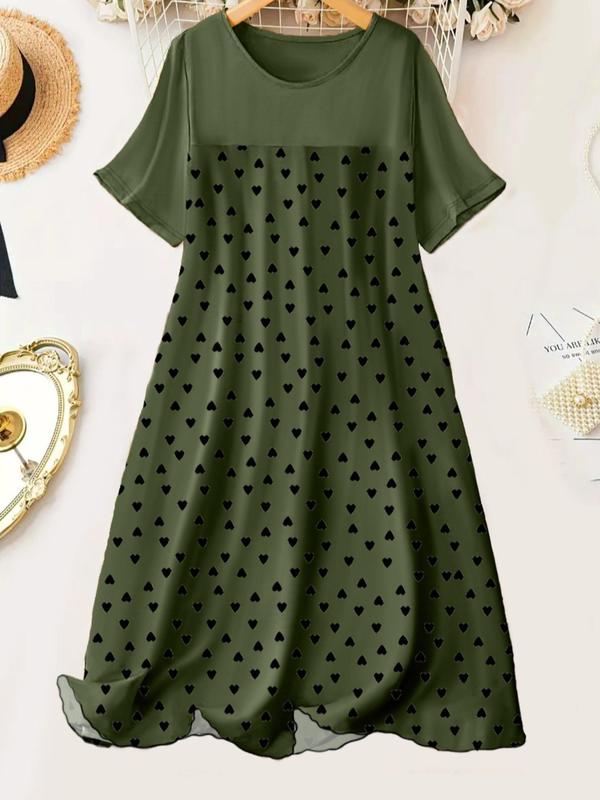  Polka Dot Print Round Neck Loungewear Dress, Casual Soft Comfortable Short Sleeve Midi Dress for Daily Home Wear, Women's Sleepwear for All Seasons