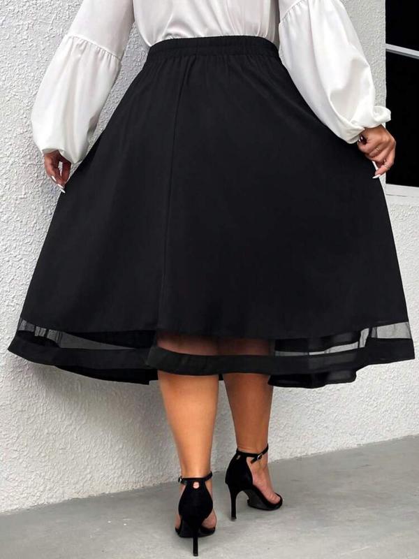 Plus Size Contrast Mesh Flared Skirt, Casual Elastic Waist Midi Skirt for Summer, Women's Bottoms for Daily Wear