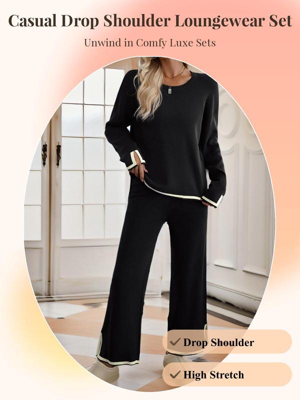 Women's Contrast Binding Drop Shoulder Top & Wide Leg Pants Loungewear Two-piece Set, Casual Comfy Long Sleeve Top & Trousers Pj Set,  Pajama Sets Women, Ladies Sleepwear for Spring & Fall