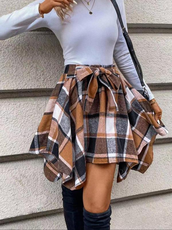 Women's Fashion Multicolor Plaid Print Asymmetrical Hem High Waist Skirt, Casual Comfort Elastic Waist Tiered Layer Knee Length Skirt for Summer Going Out Streetwear, Galentine's Ideas Gift, Womenswear Bottom, Fall Outfit Utah Girl Fits, Fall Outfits