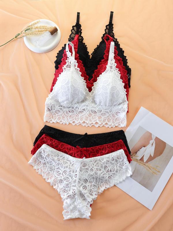 Women's Back To School Lace Underwear Set, Romantic Adjustable Strap Wireless Bra & Bow Decor Panty Set, Fall Clothes, Women's Lingerie Set, Lingerie for Women