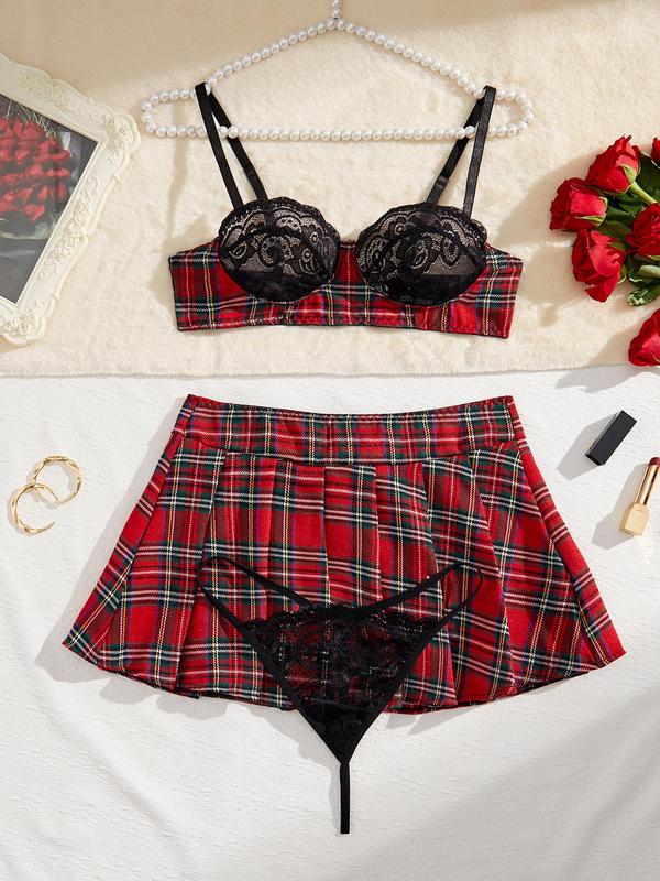 Women's Christmas Plaid Print Contrast Lace Sheer Sexy Lingerie Three-Piece Set, Adjustable Strap Bra & Pleated Mini Skirt & Thong Set, Lingerie Set for Women