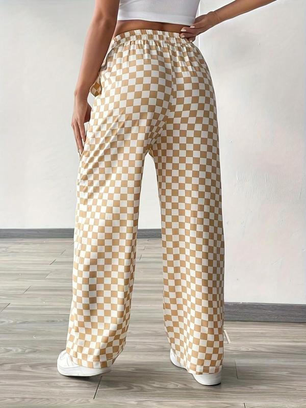 Women's Plaid Print Drawstring Waist Straight Leg Pants, Casual Pocket Trousers for Daily Wear, Ladies Bottoms for All Seasons