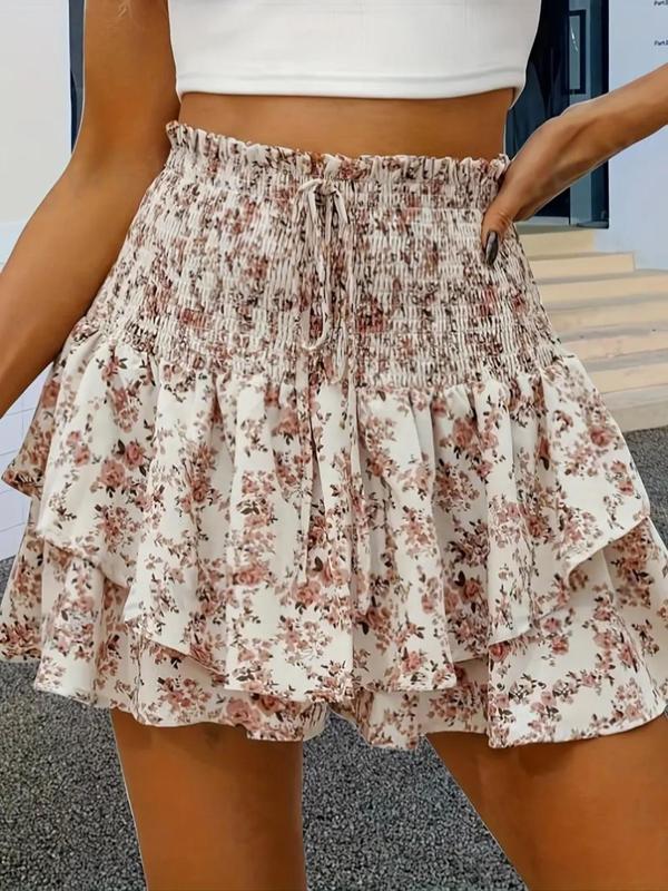 Women's Floral Print Frill Trim Shirred Tiered Layer Shorts, Designer Clothing, Casual High Waist Tie Front Wide Leg Shorts for Spring & Fall, Women's Bottoms for Daily Wear