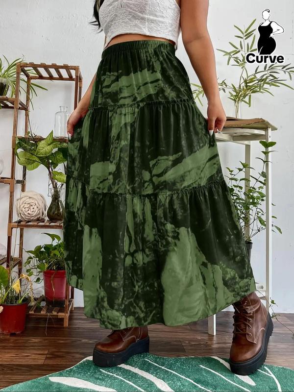 Plus Size All Over Print Frill Trim Ruffle Hem A Line Skirt, Elegant High Waist Long Skirt for Vacation Daily Wear, Women's Bottoms for Summer