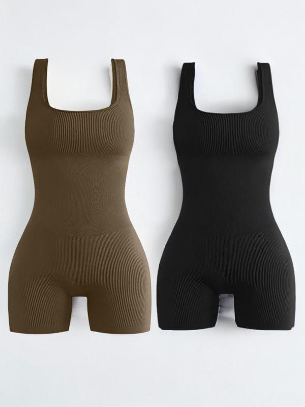 Women's Solid Backless Sports Tummy Control Bodysuit, Casual Comfy Breathable Scoop Neck Sleeveless Bodycon Bodysuit for Yoga Gym Workout, Ladies Sportswear for All Seasons